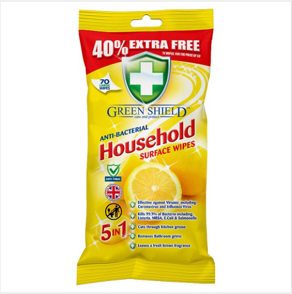 Green Shield Anti-Bacterial Household Surface Wipes 70 Large Wipes - Case of 12